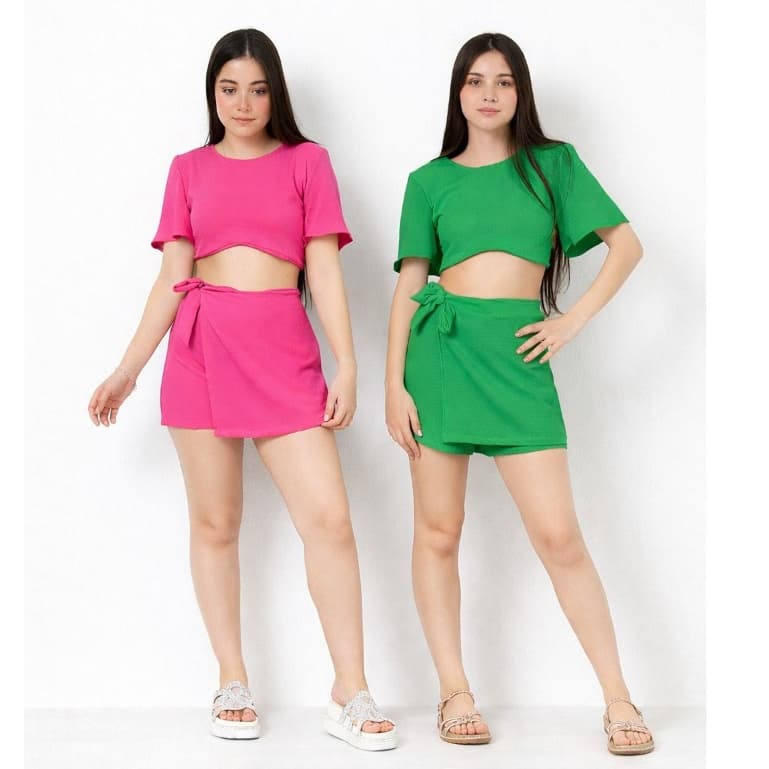 Conjunto Juvenil Feminino Cropped e Saia Transpassada com Laço Moda Jovem Verão Tendência Estilo