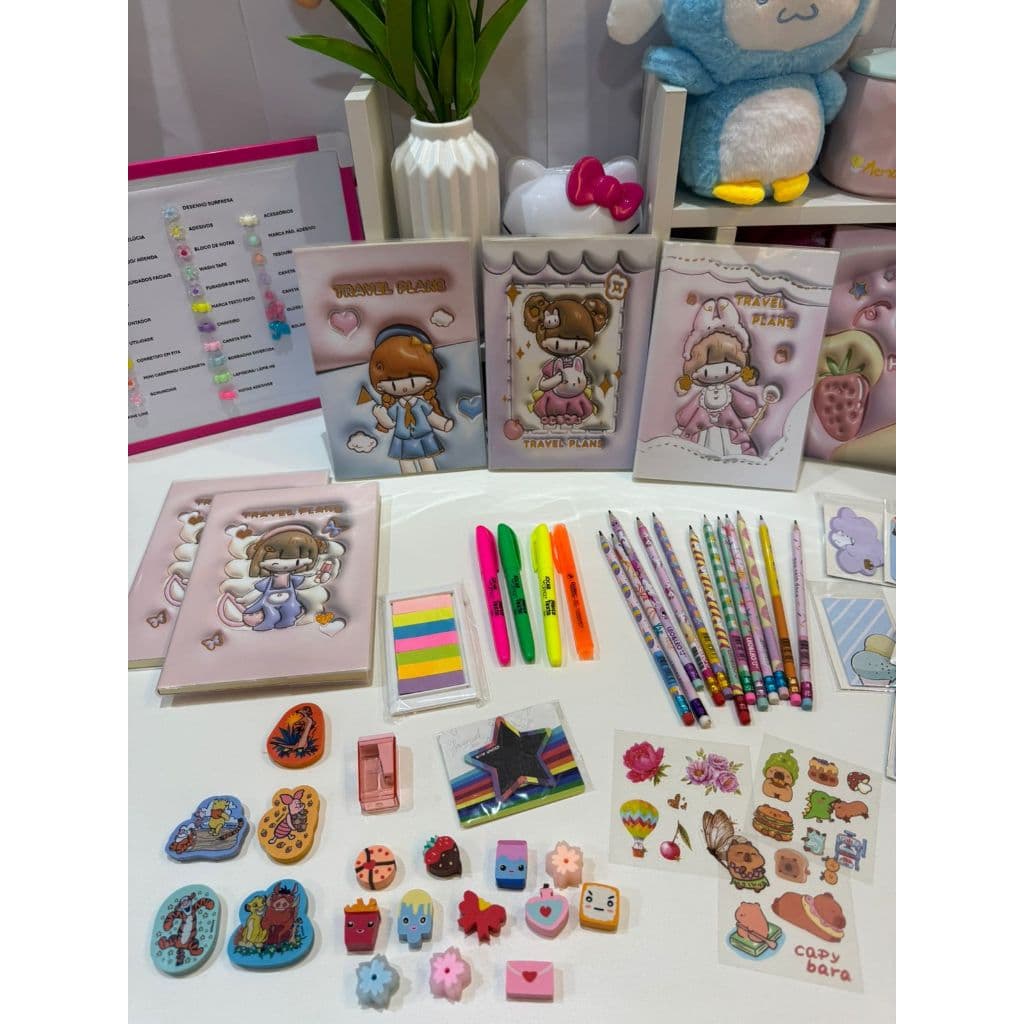 Kit Papelaria Fofa Criativa com Caderno Fofo A5 com 10 itens / Material escolar / Escritório / Presente Menina Mulher