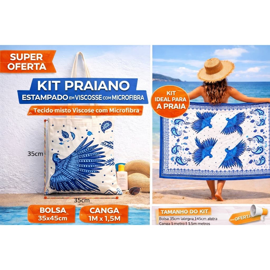 Kit Praia Canga + Bolsa Estampada Arara | Leve, Grande e Estilosa | 35x45cm + 1,5m