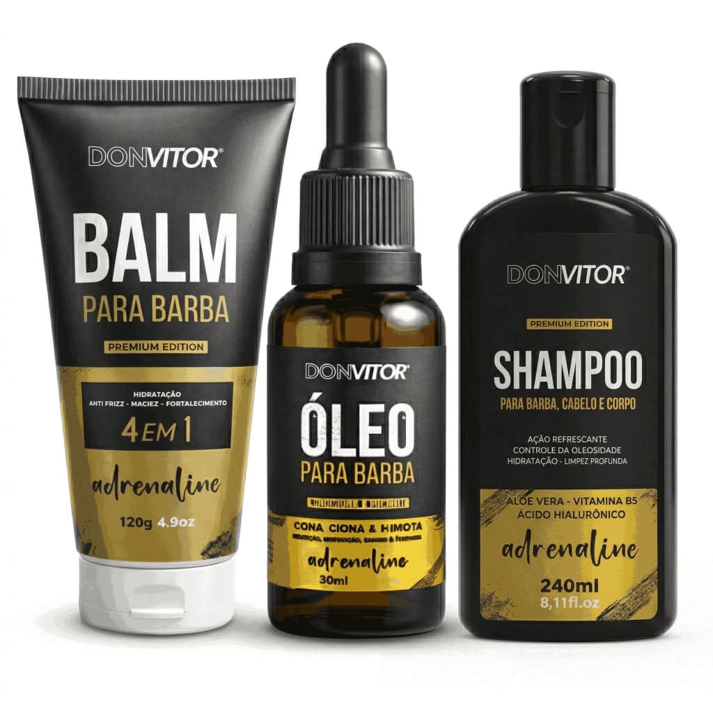 Kit Barba Don Vitor Adrenaline Shampoo 3em1 240ml + Balm 120g + Óleo 30ml Anti Frizz