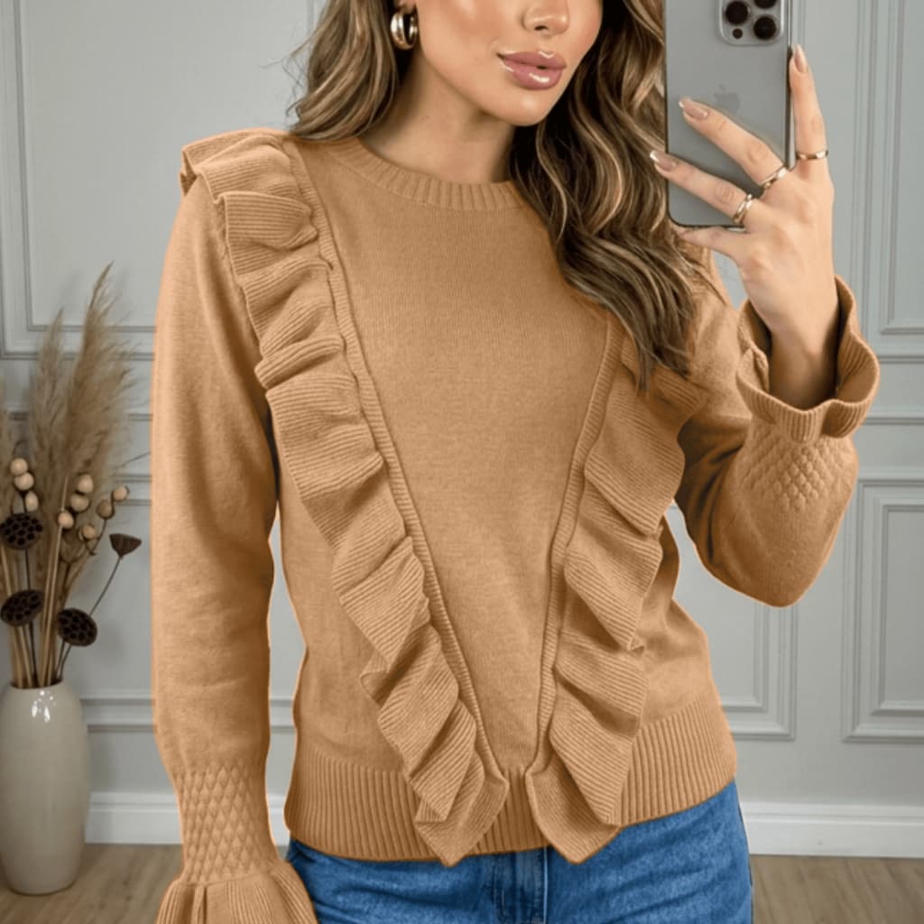 Blusa Tricot Feminino Babado Básico Casual Elegante Moda Inverno Frio
