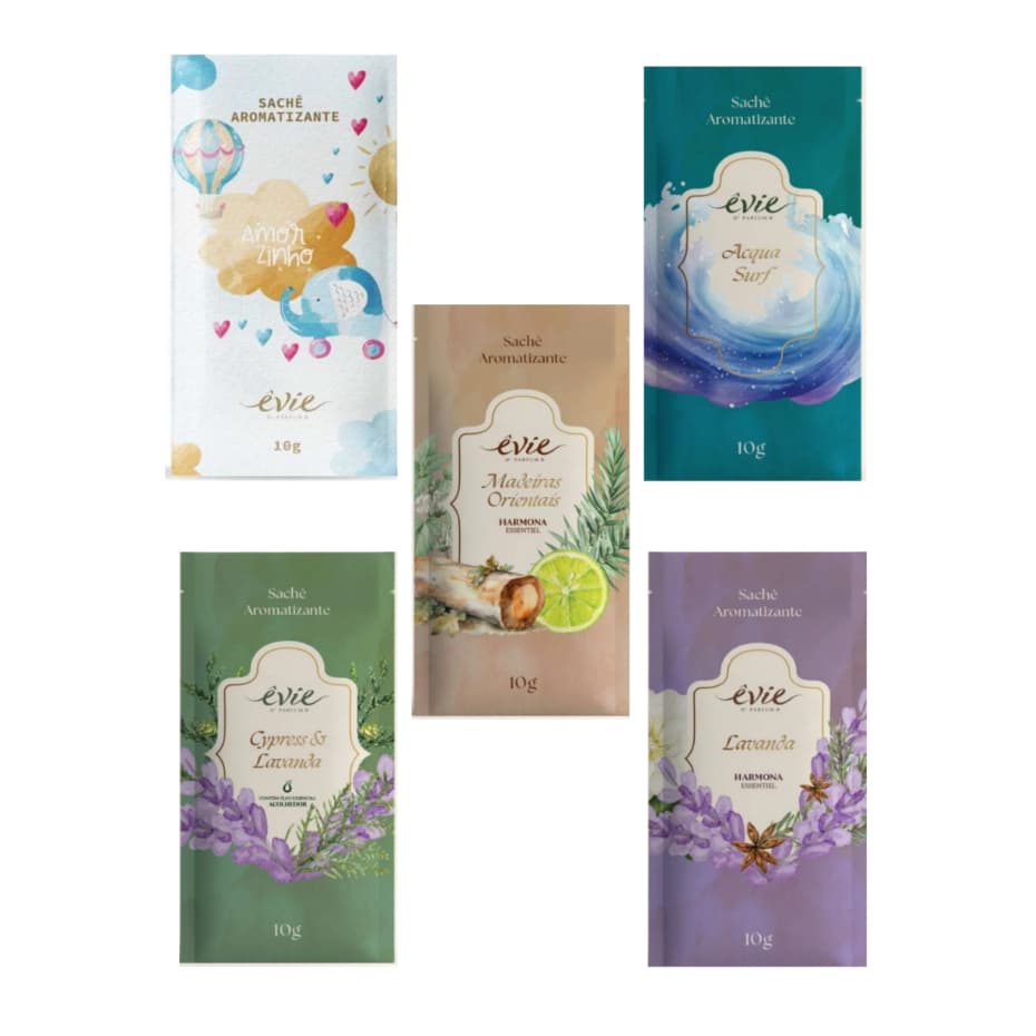 Sachê Perfumado Aromatizador kit 5 unidades 10gr Gaveta Closet Carro Roupeiro Bolsa Êvie D’ Parfum