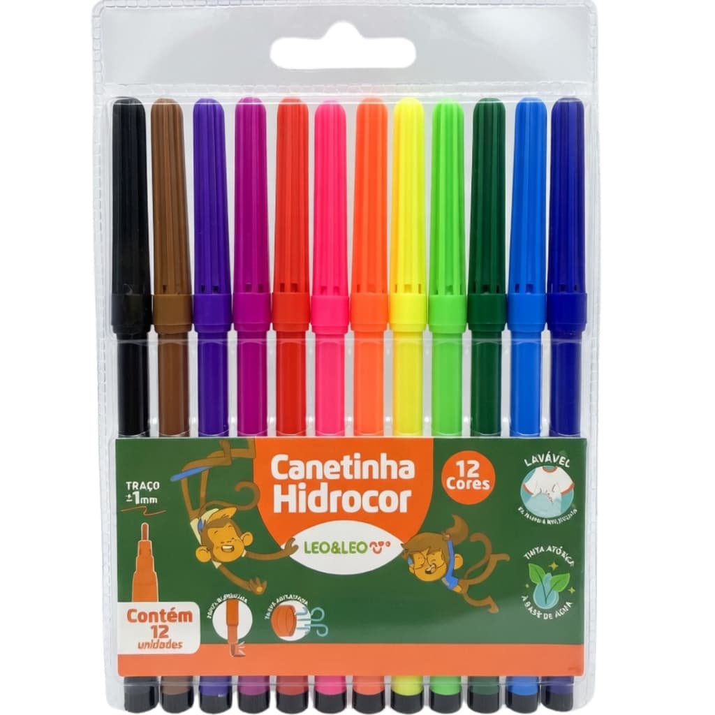 Canetinhas Leo e Leo 12 Cores Hidrográficas Laváveis Material Escolar Infantil Atacado Kit Pintura