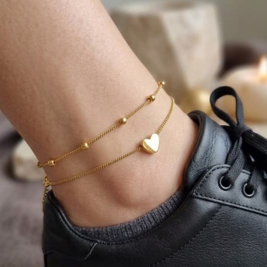 Conjunto de Tornozeleiras Feminina Folheadas a Ouro ou Prata Veneziana Coração + Bolinhas Delicada