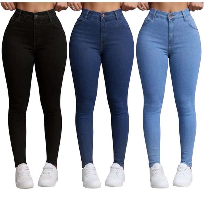 Kit 3 Calça Jeans Feminina Skinny Cintura Alta