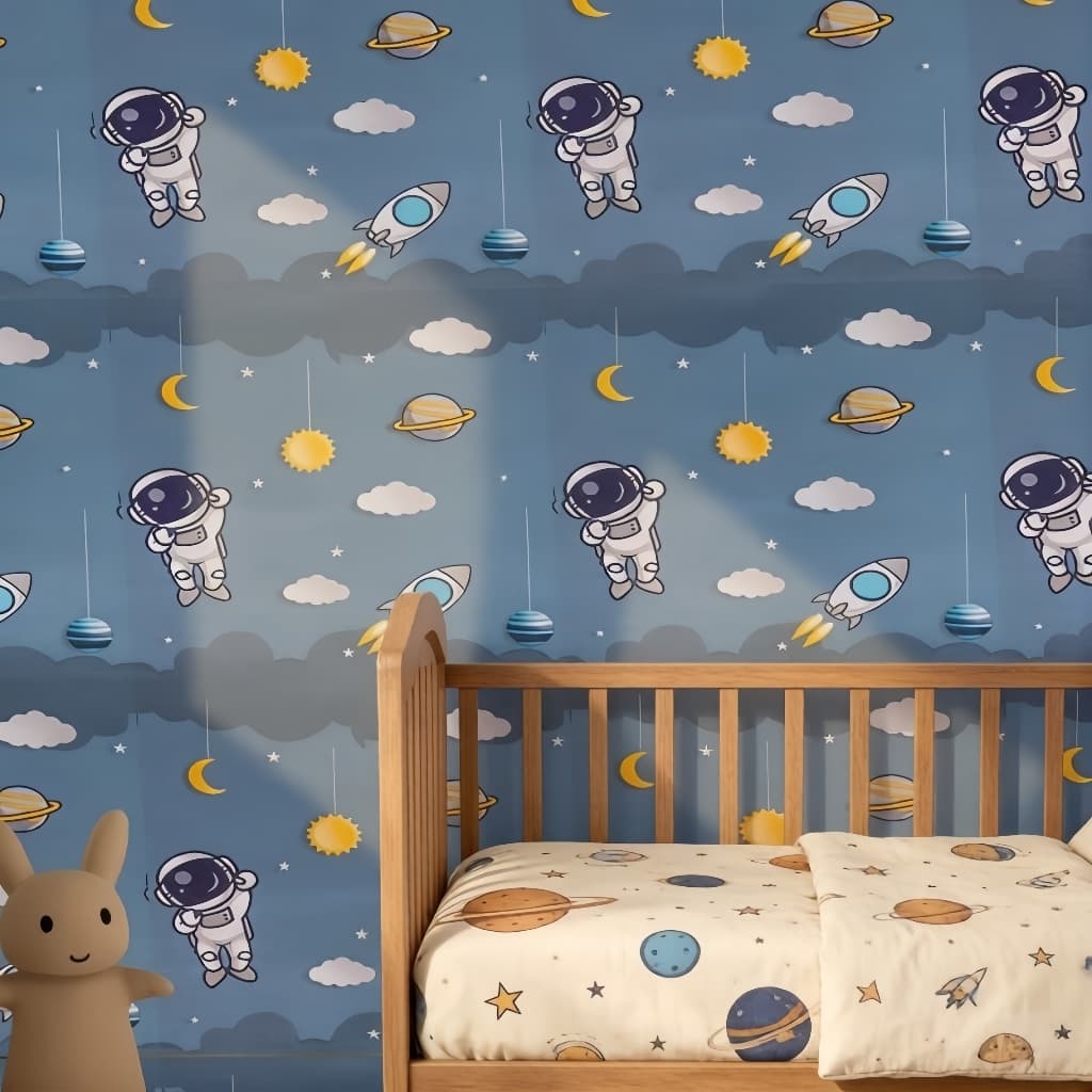 Papel Adesivo Astronauta Espacial Acolhedor Fofo Resistente Água Removível para Quarto Menino Escola Loja Reforma Parede