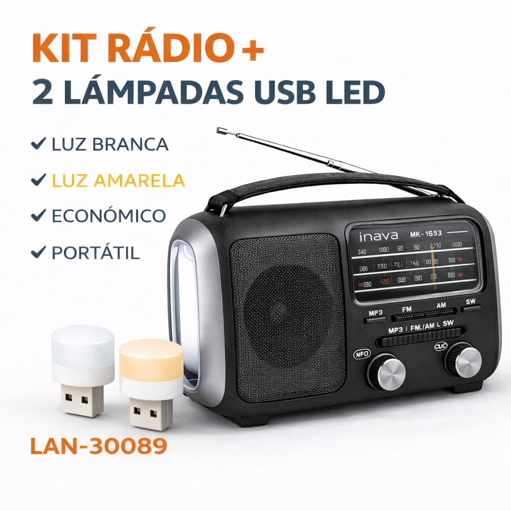 Kit Rádio Inova + 2 Lâmpadas USB LED Luz Branca e Amarela Iluminação Emergência Apagão