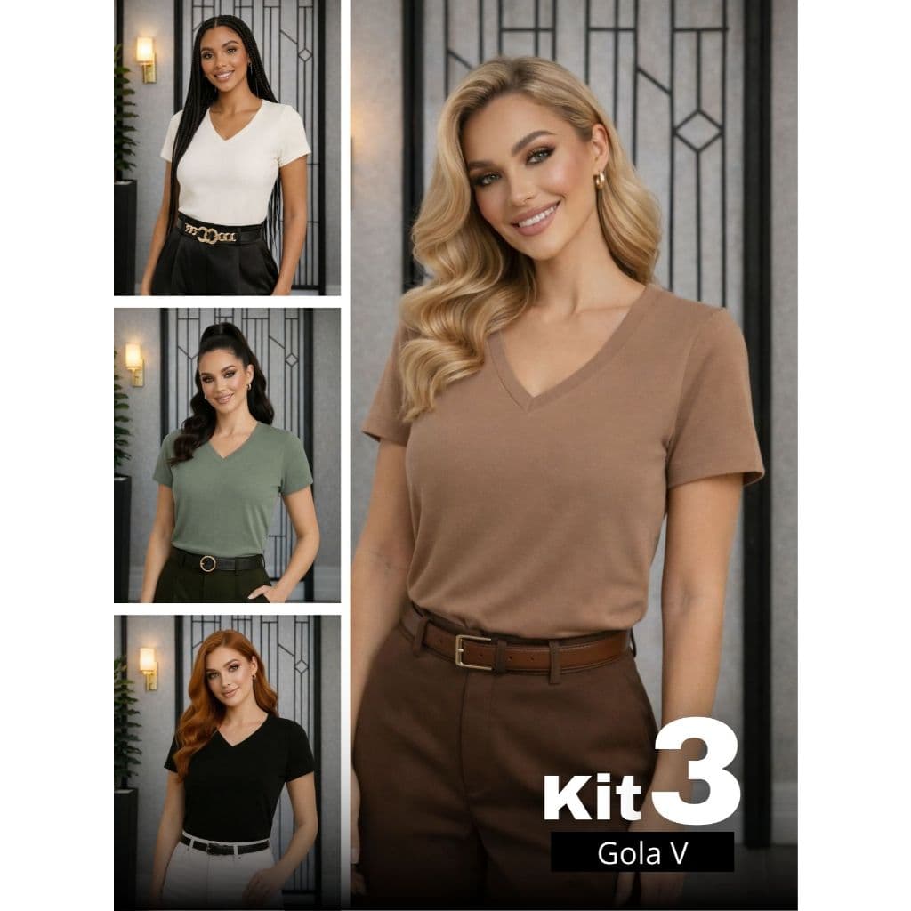 Kit 3 Blusas Feminina Gola V  Básica Casual 100% Algodão Premium - G00