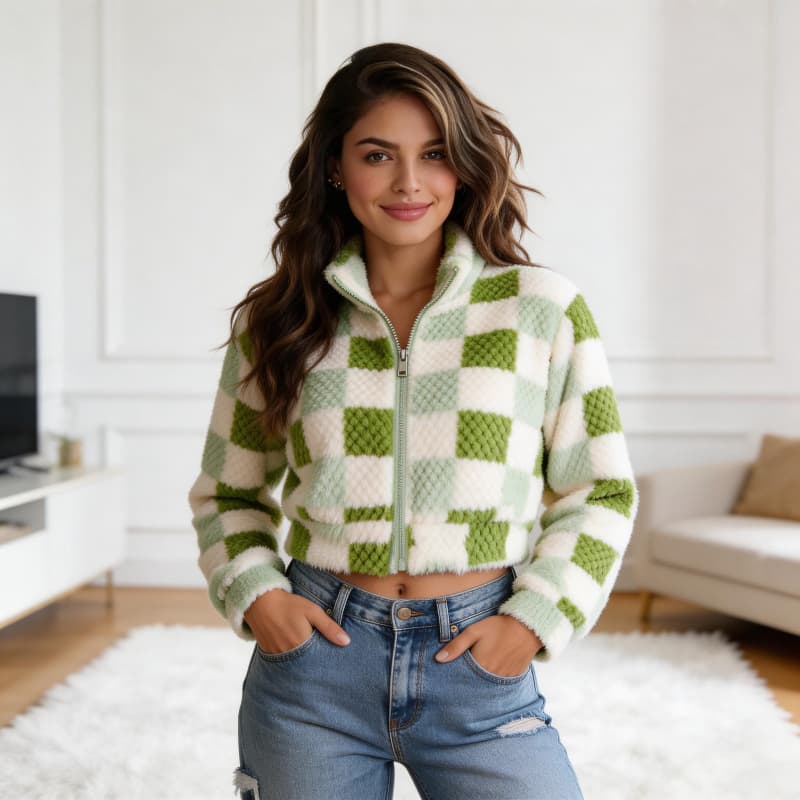 Jaqueta Feminina Teddy Xadrez Pelinho Casaco Inverno Blogueira