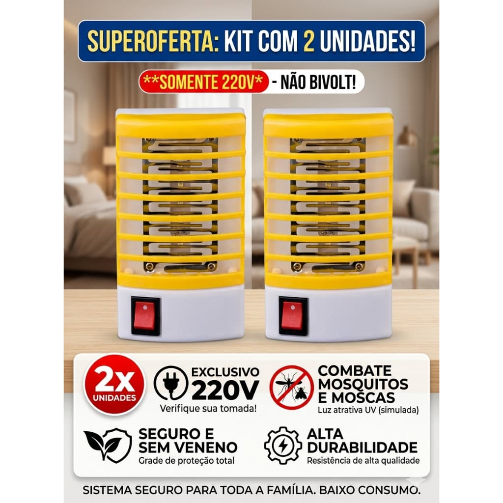 Kit 2 Mata Mosquito Elétrico Tomada 220V Armadilha Insetos Dengue Pernilongo Lâmpada Led UV Repelente Sem Veneno Oferta