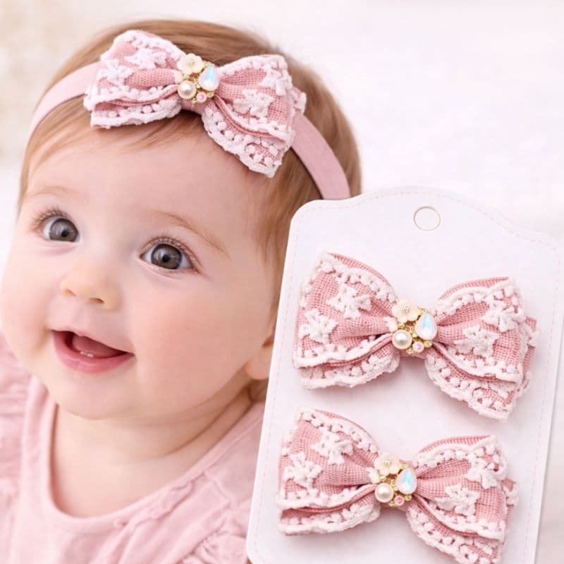 Laço Infantil Rosé Luxo com Pérolas | Faixinha Bebê ou Bico de Pato | Acessório Cabelo Menina Delicado