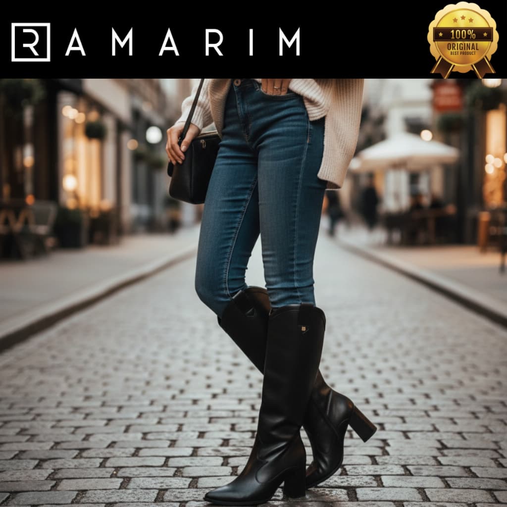 Bota Feminina Ramarim Botina Country Montaria Cano Alto Bico Fino Salto Bloco Confortável Original