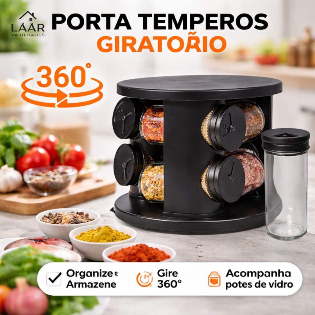 Porta Tempero Giratório Vidro Condimento Tampa Dosadora  Para Cozinha Moderno  6 Potes Suporte