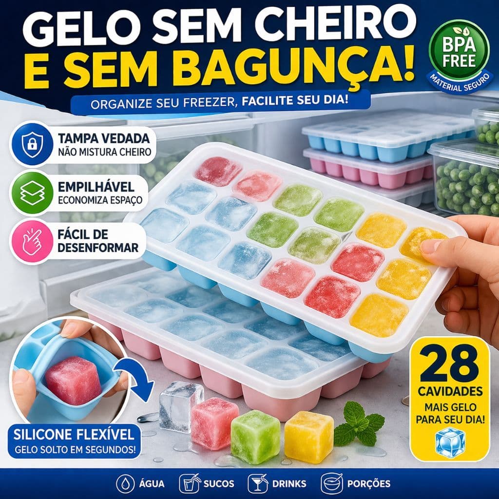 Forma de Gelo Silicone com Tampa Não Mistura Cheiro Freezer Organizado 28 Cubos Fácil de Desenformar