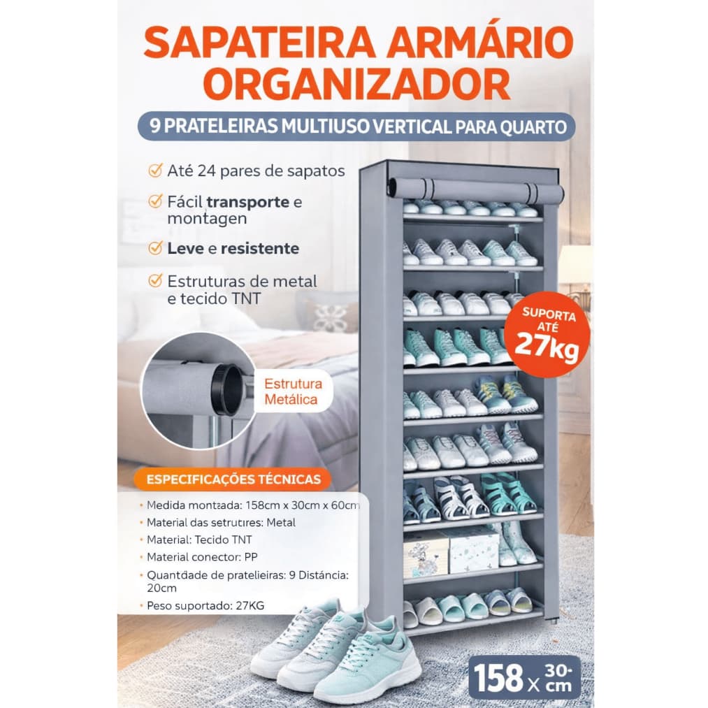 SAPATEIRA ARMÁRIO ORGANIZADOR 9 PRATELEIRAS MULTIUSO VERTICAL PARA QUARTO