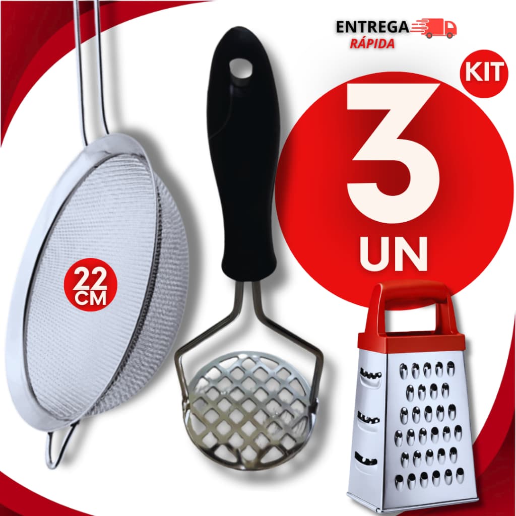 Kit 03 Com Peneira 22cm Amassador De Batata Ralador Aço Inox Para Cozinha Utensílios Coar Ralar Amassar