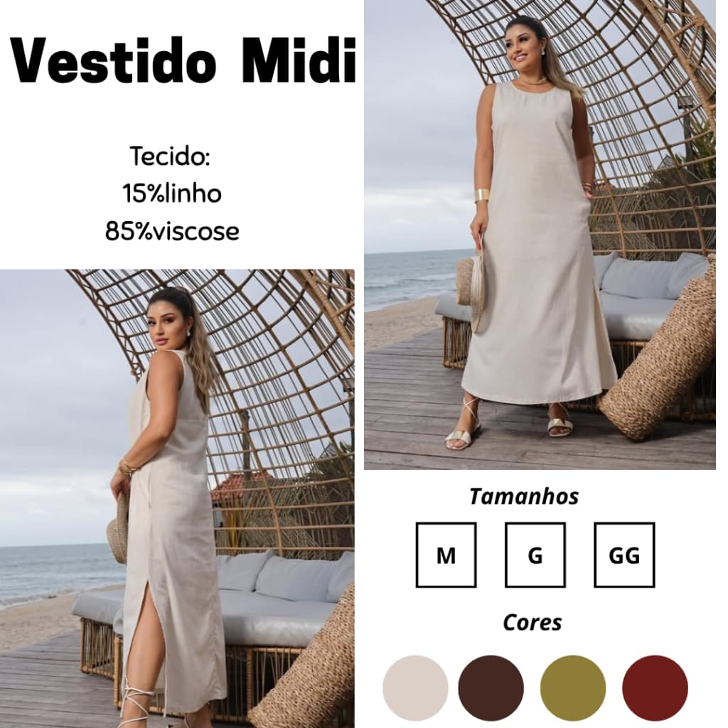 Vestido Midi Femenino Leve e Fresquinho Linho com Viscose Moda Femenina M G GG