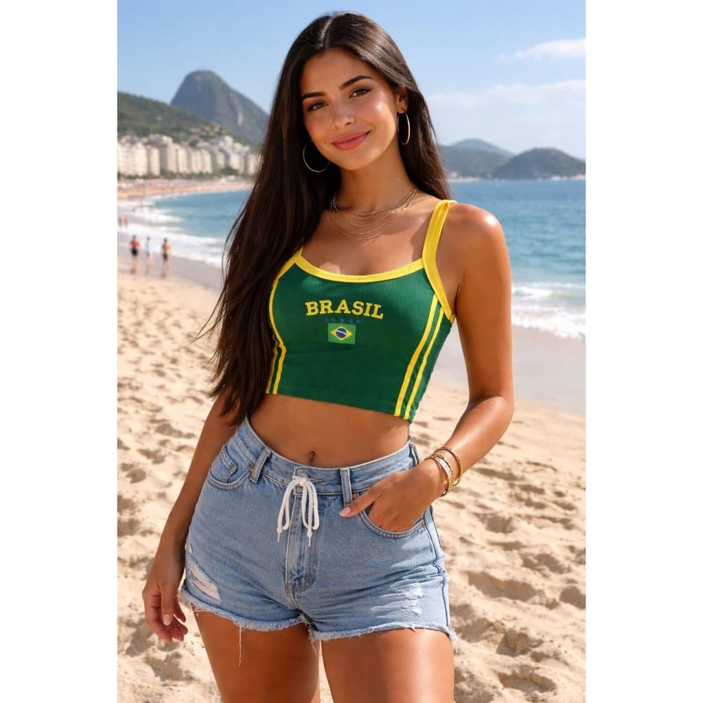 cropped  Regata Brasil Feminino Alcinha Estilo Copa Bandeira Regata Verão Blogueira