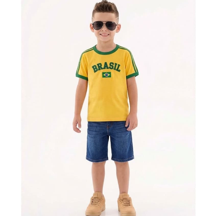 Camiseta Infantil Bandeira do Brasil Bordada Torcedor de Algodão Premium