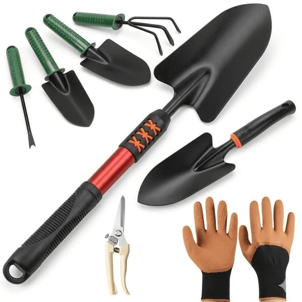 Kit Jardinagem Com Pás de 3 Tamanhos, incluindo Pá de 44cm, Rastelo, Luva Confortável, Tesoura de Poda, Ancinho