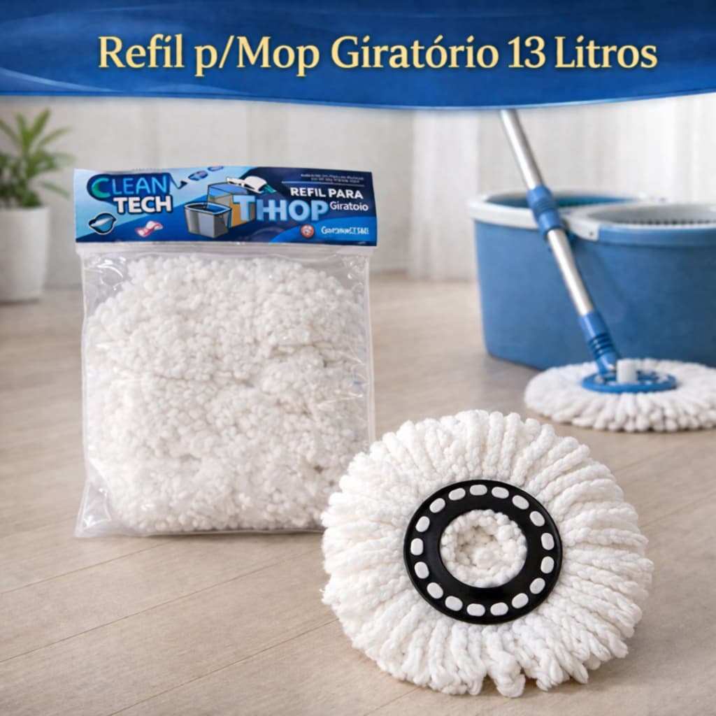 Refil Mop Giratório 13L Microfibra 360° – Alta Absorção, Limpeza Pesada e Compatível com Mop 13 Litros
