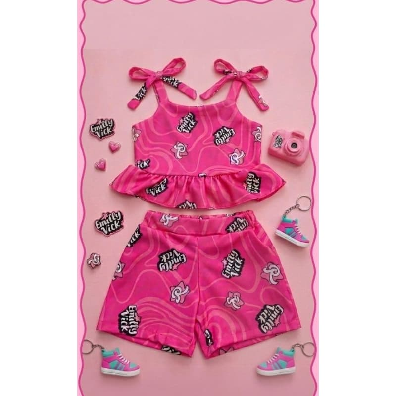 Conjunto Infantil Feminino Dos Rosa s Emilly Vick  - Blusa Cropped, Regata + Short