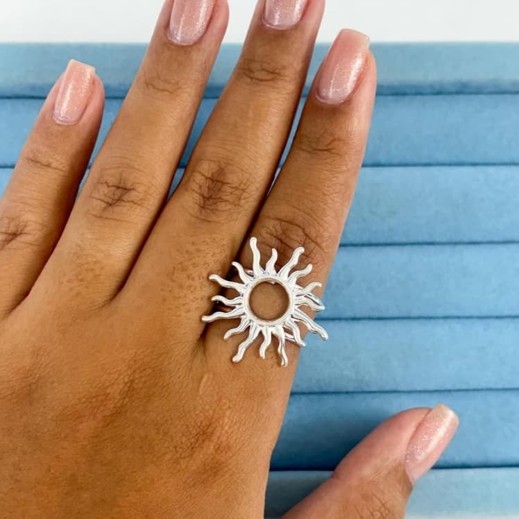 Anel Raio de Sol Regulável - Banhado a Prata - Feminino Ajustável Solar Praiano Verão