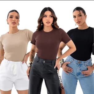 Kit de 3 Blusas Com Manga curta Canelada Em Ribana De Algodão