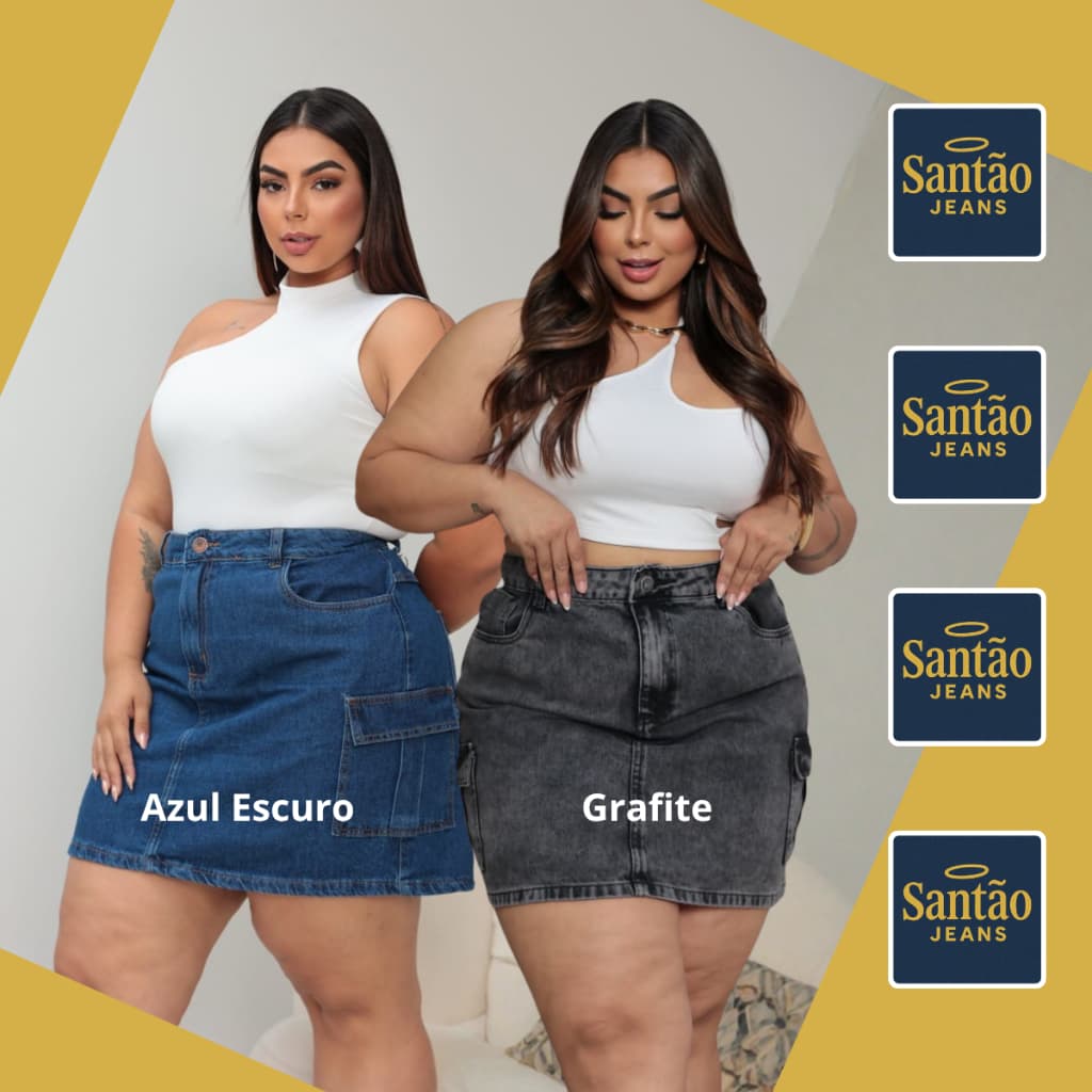 Kit 2 Saias Jeans Cargo Feminina Plus Size Com Bolso Lateral Cintura Alta Confortável 46 ao 54