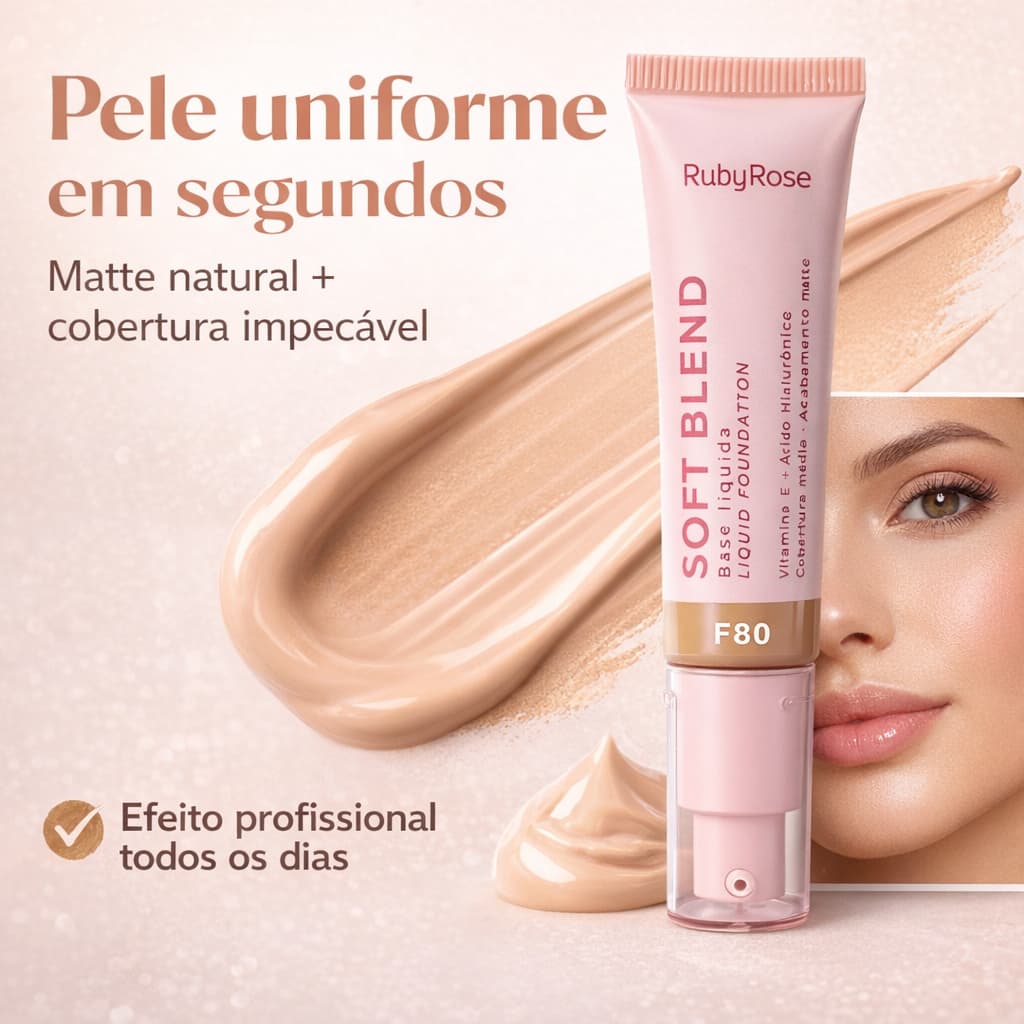 Base Líquida Ruby Rose Soft Blend F80 30g Matte Cobertura Média a Alta Alta Fixação