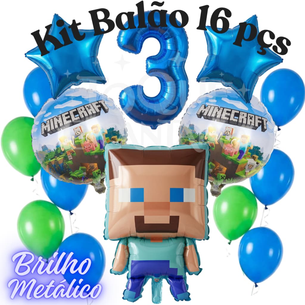 Kit 16 Balão Minecraft Metalizado Número Festa Decoração