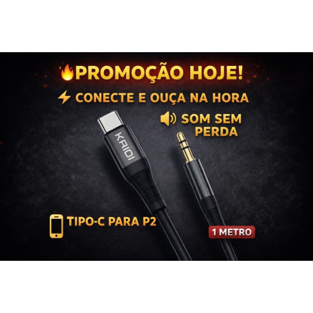 Cabo Áudio Tipo-C para P2 KAIDI KD-15C | Som Limpo + Plug & Play | 1 Metro