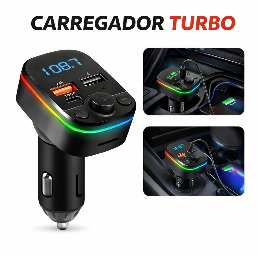 Carregador USB Turbo PD 20W Carro TYPE-C Transmissor Receptor FM Bluetooth Veicular MP3 Rádio Com LED Arco-Íris ZEM