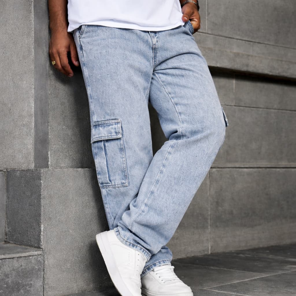 Calça Cargo Masculina Jeans Com Cordão Streetwear Balão