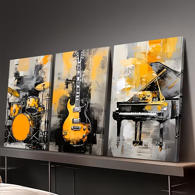 Kit 3 quadros Decorativo Musical Bateria Guitarra Piano estúdio
