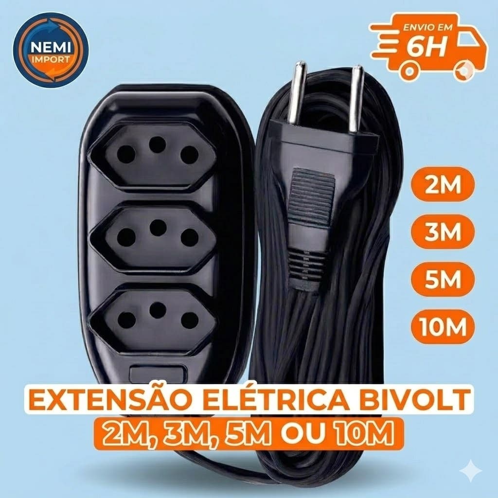 Extensão Elétrica 3 Tomadas Bivolt 10A Preta 2m 3m 5m 10m Cabo Plug Plus