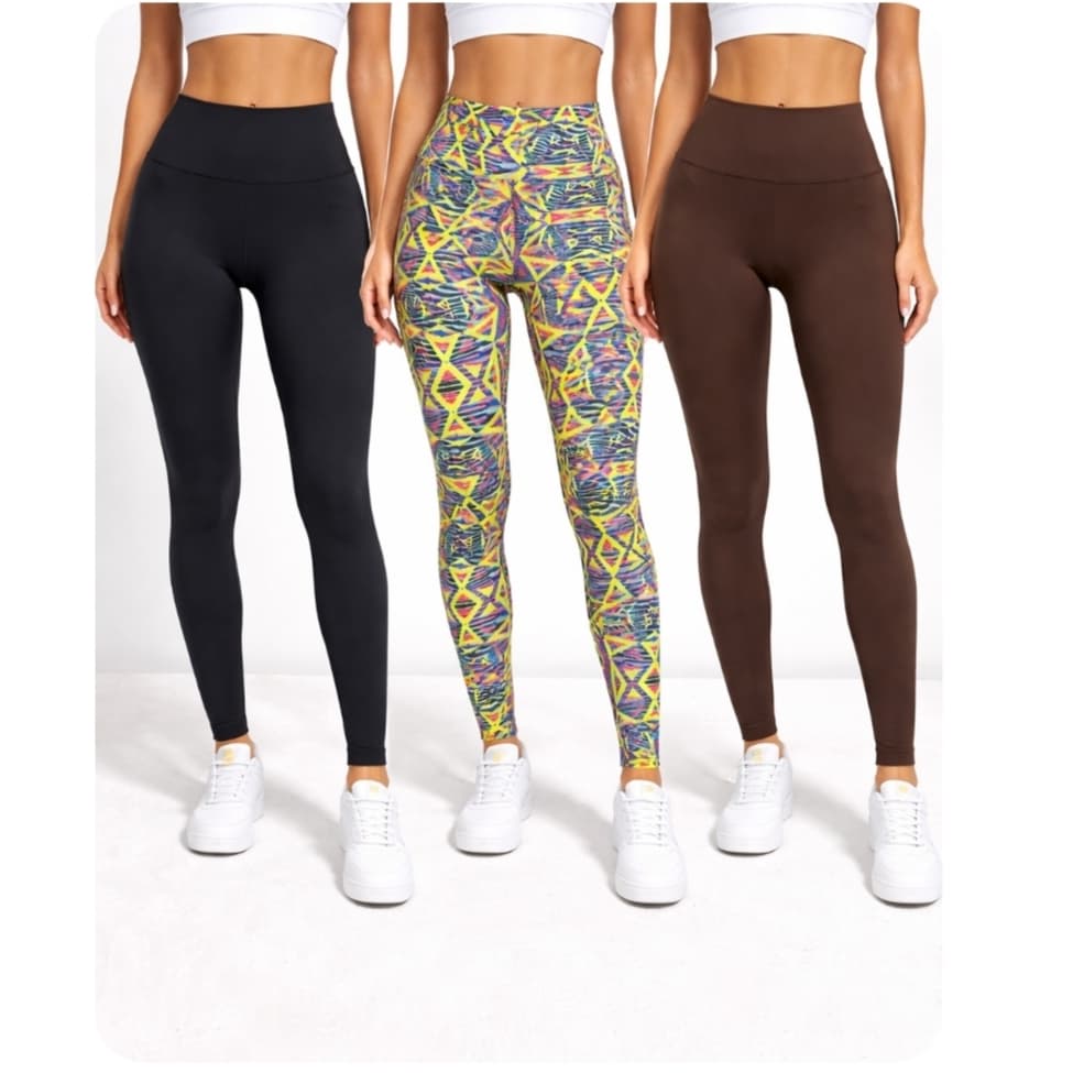 Kit  3 Calça Leggings Femininas Cintura Alta Poliamida e suplex Lisa e Estampada Academia Caminhada Fitness Confortável