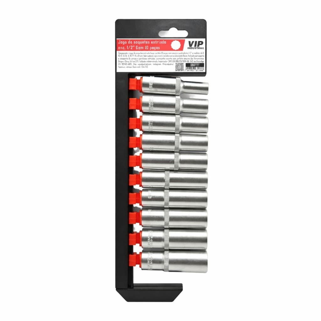 Jogo Soquete Estriado 1/2 Longo 10 Peças Kit Soquetes Profissional Aço Cr-V Ferramentas Auto