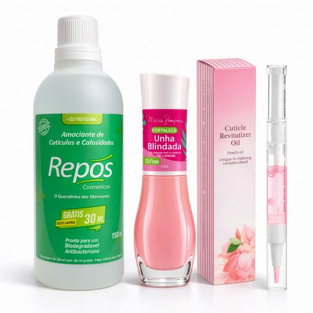 Kit Manicure Profissional Repos Amaciante Cutículas 150ml Unha Blindada Maria Pomposa Óleo Cutícula