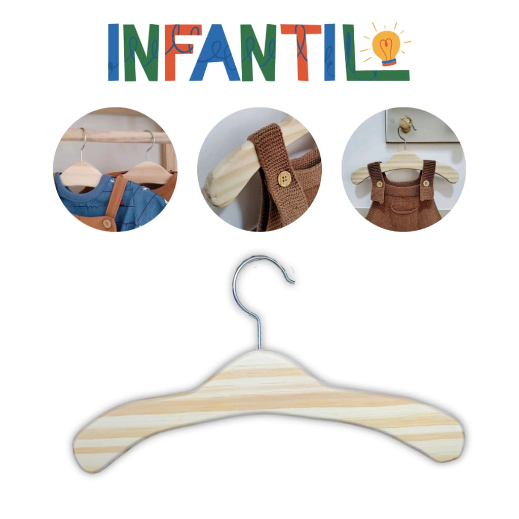 Kit 2 Cabides Infantis de Madeira | Cabide Bebê Resistente para Roupas Infantil