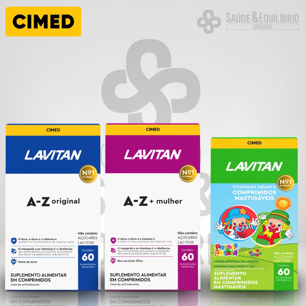 Kit 3 Vitaminas Lavitan Família A-Z Original + A-Z Mulher +Infantil Mastigável 60 Comprimidos  Cimed