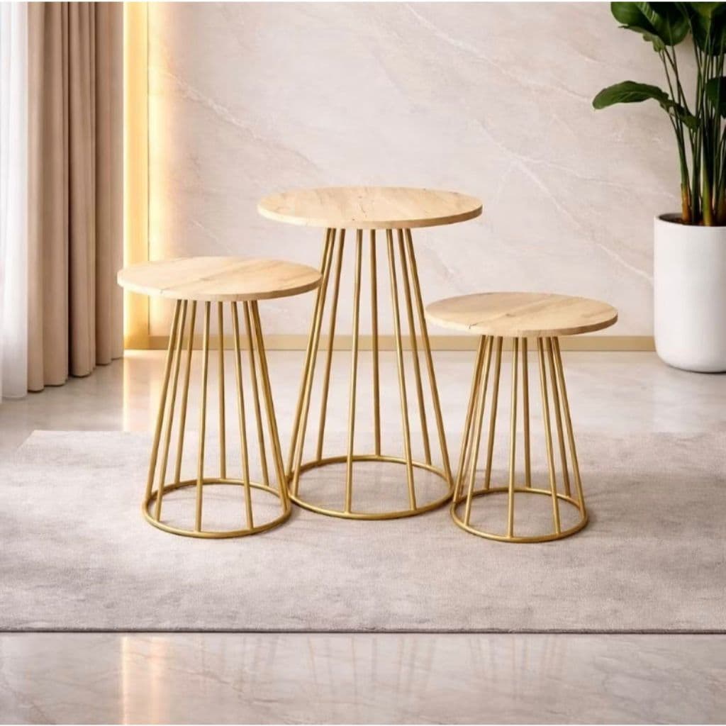 Kit Trio De 3 Mesas Redonda Cone Em Ferro E Madeira Pinus Para Decoraçoes De Festas Aniversários E Casamentos