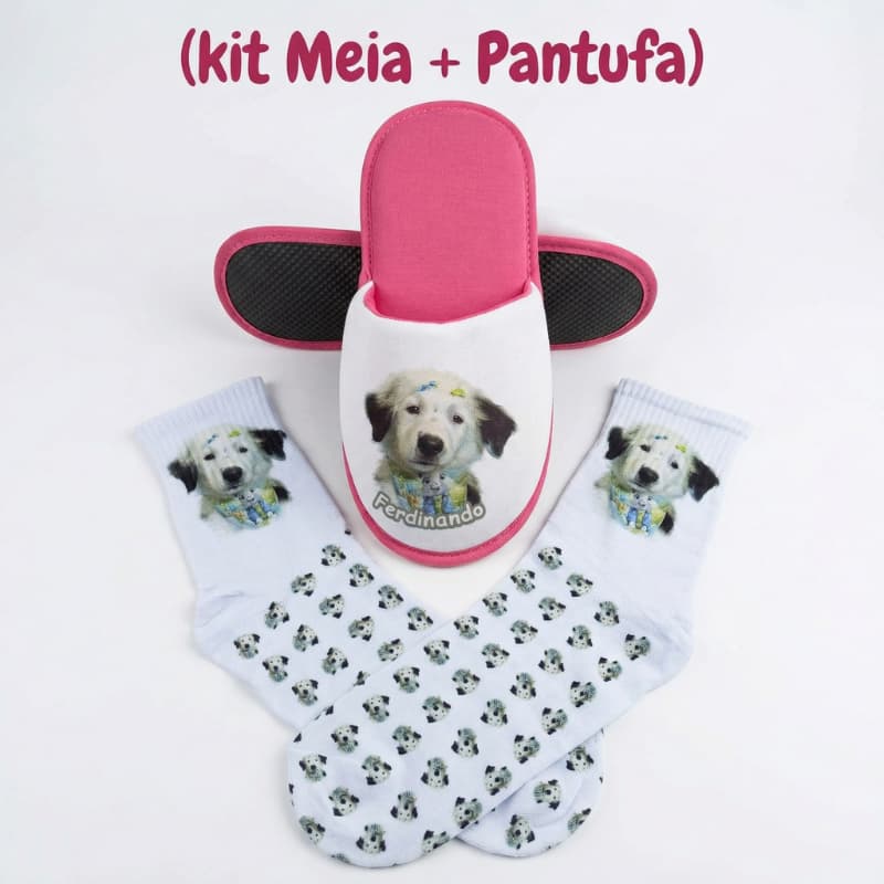 Kit Pantufa + Meia Personalizada com Foto do Pet | Presente Petlover Criativo | Conjunto Confortável