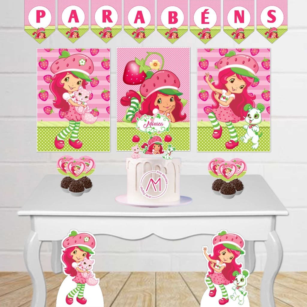 Kit Festa Infantil Moranguinho Fácil Decoração Com Painel Display Toppers Topo de Bolo Só um bolinho