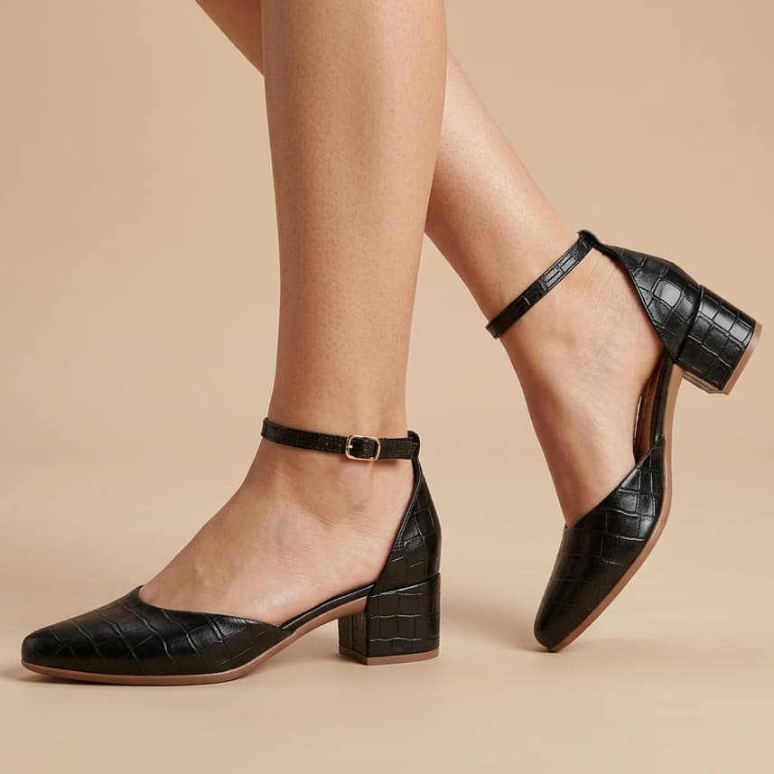 Mule Feminino Bico Fino Croco Salto Médio Baixo Linha Conforto