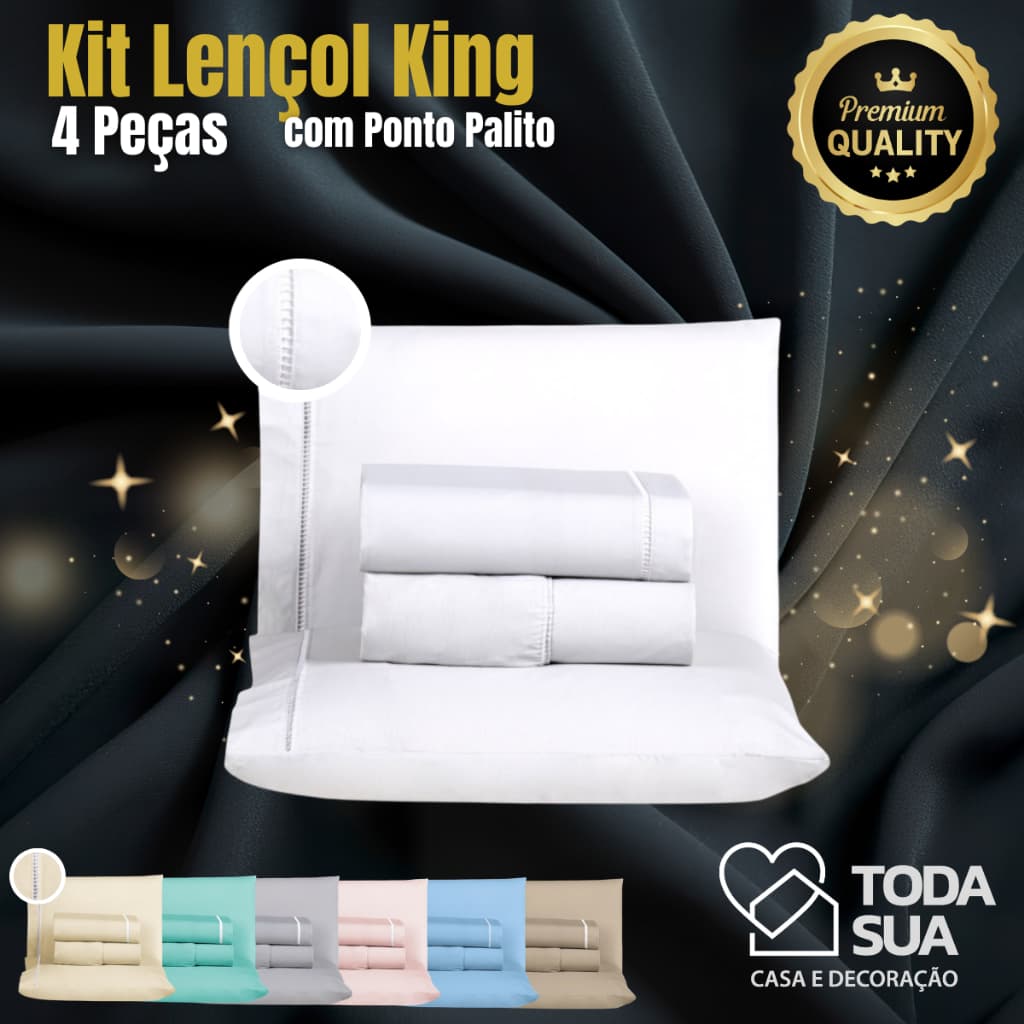 Kit de Lençol King 4 Peças Algodão 400 Fios Com Ponto Palito