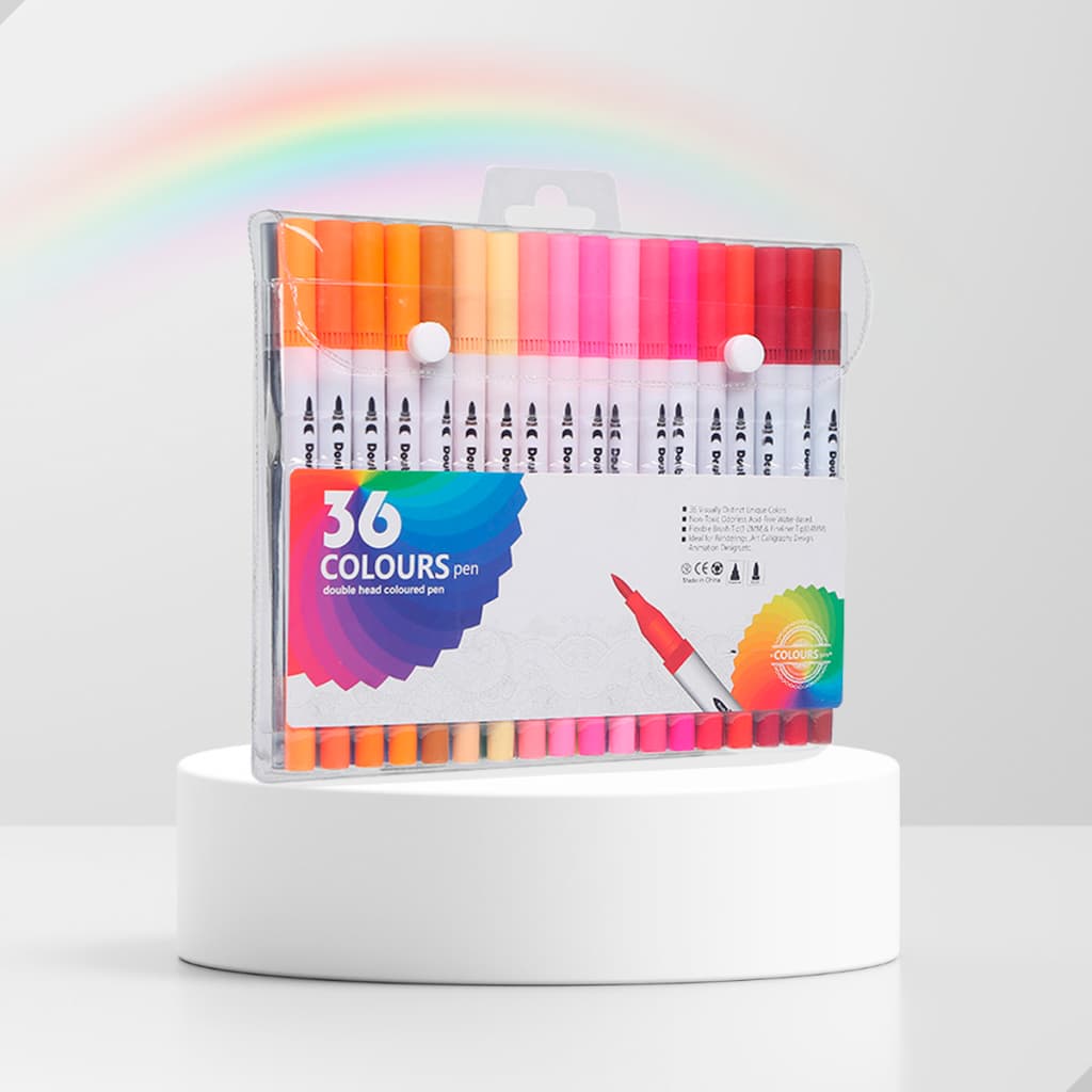 Kit Com 36 Canetas 2 em 1 Brush Pen Lettering e Ponta Fina Dual Canetinha Para Colorir Desenho