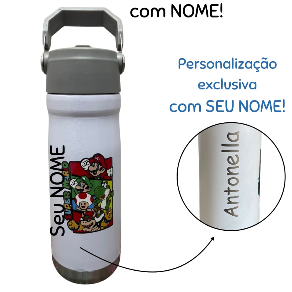 Garrafa Personalizada Com Seu NOME Com BICO Super Mario 650ml Térmica Trava de Segurança INOX escolar infantil adul