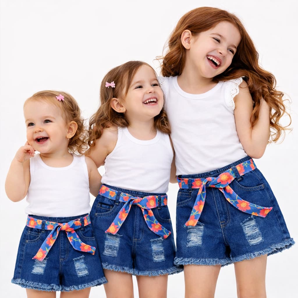Shorts Feminino Jeans Infantil Barra Desfiada Cinto Estampado Short Kids com Cinto Estampado