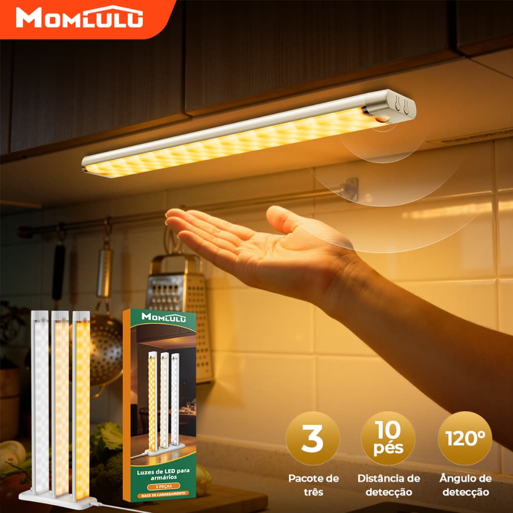 Kit 3 30CM Luz Armário De Cozinha LED Com Sensor Inteligente Do Guarda Roupa Quarto Iluminação Com Recarregável De Base